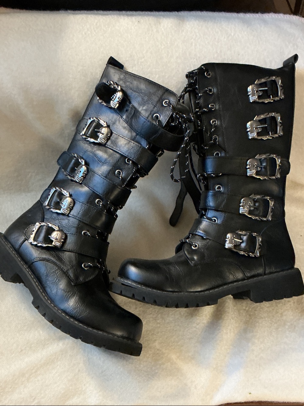Women's Black Moto Combat Boots with Decorative Buckles